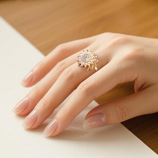Anillo Girasol Giratorio Antiestrés - Calma la Ansiedad al Instante | Joya Premium